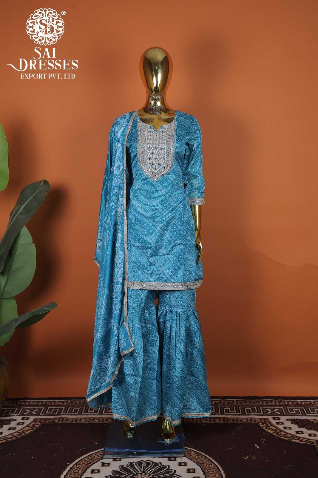SKY BLUE CHINON HAND WORK & SEQUENCE EMBROIDERED KURTI WITH SHARARA AND DUPATTA SET
