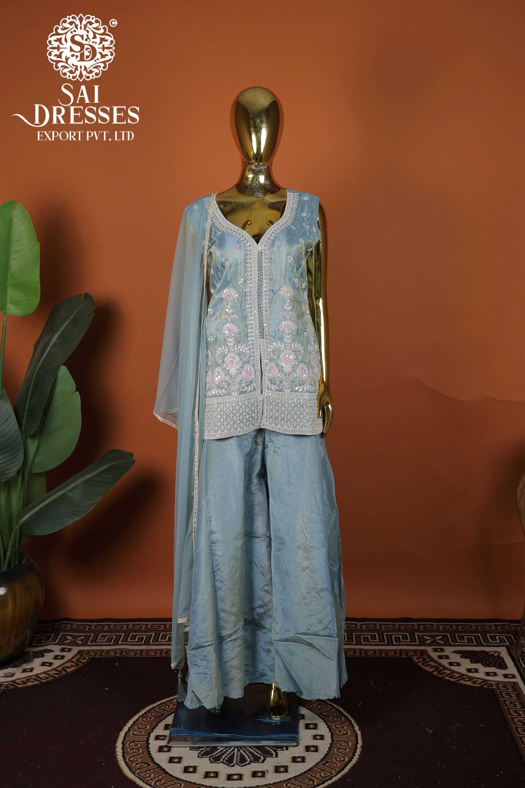 SKY BLUE PURE SHIMMER DESIGNER KURTI WITH HEAVY SEQUENCE AND HAND EMBROIDERED WORK SET