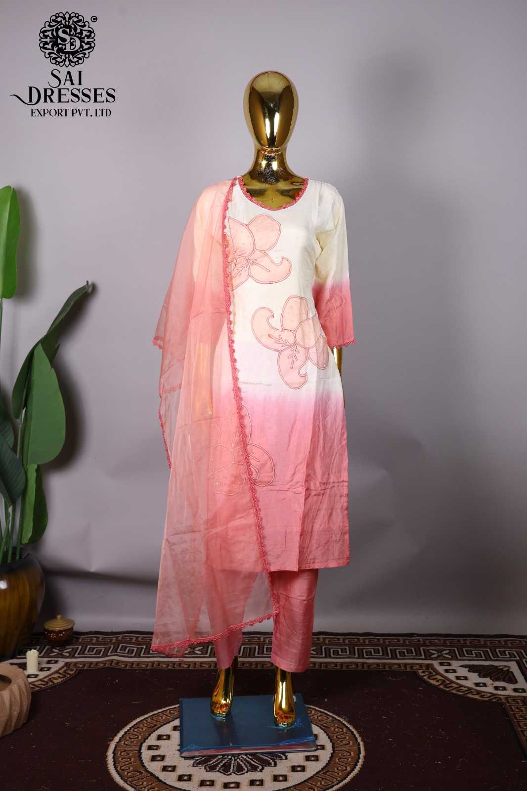 STYLISH DOLLA SILK PEACH PINK OMBRE KURTI SET WITH HEAVY HANDWORK AND ELEGANT DUPATTA