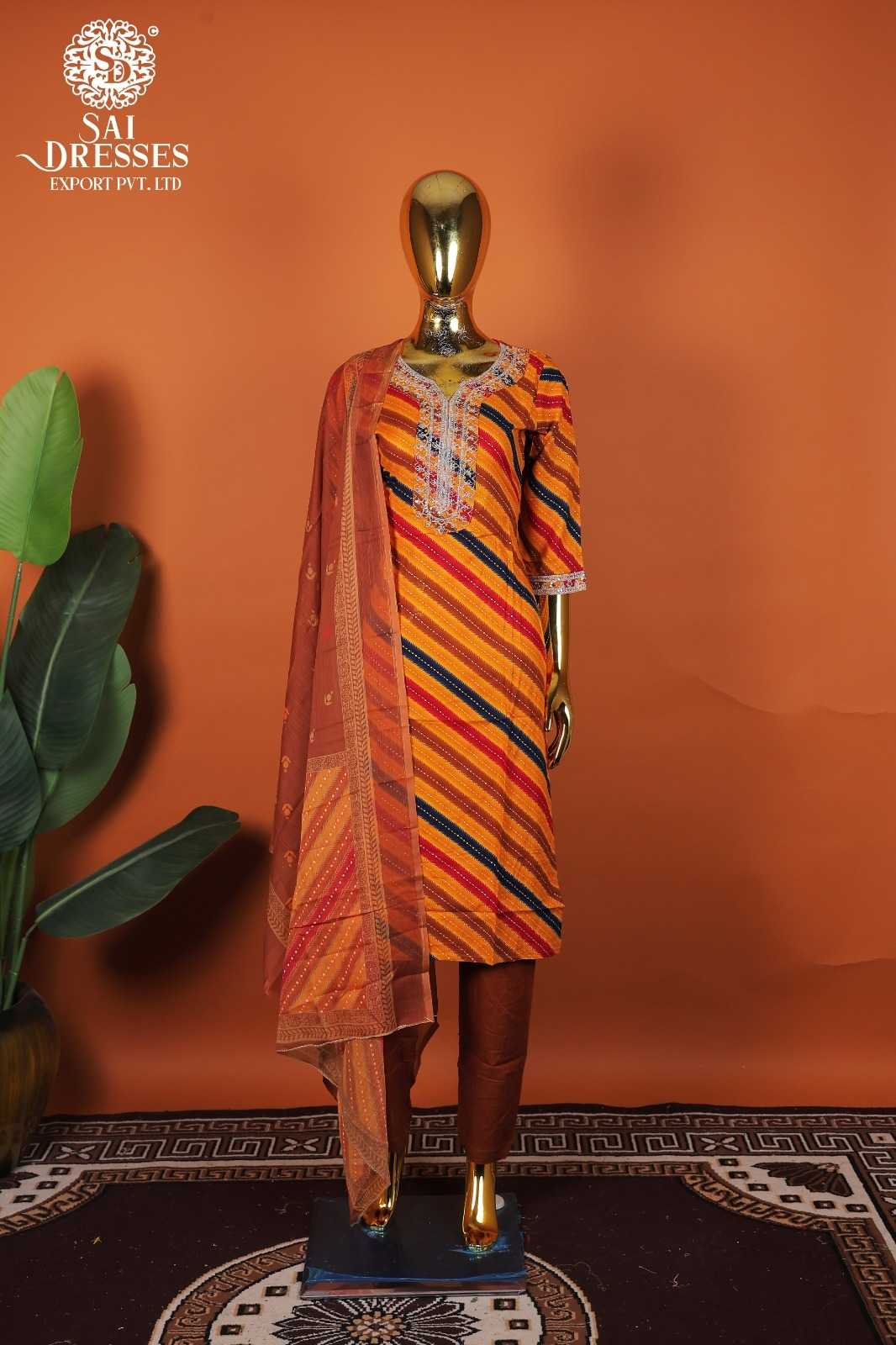 STYLISH REYON STRIPE PRINTED KURTI WITH ELEGANT WORK, MATCHING PANTS & DUPATTA – BRIGHT ORANGE COLOUR