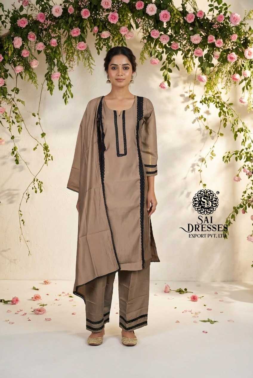 TAUPE ROMAN SILK CLASSIC SUIT WITH HEAVY GPO LACE WORK AND MATCHING DUPATTA