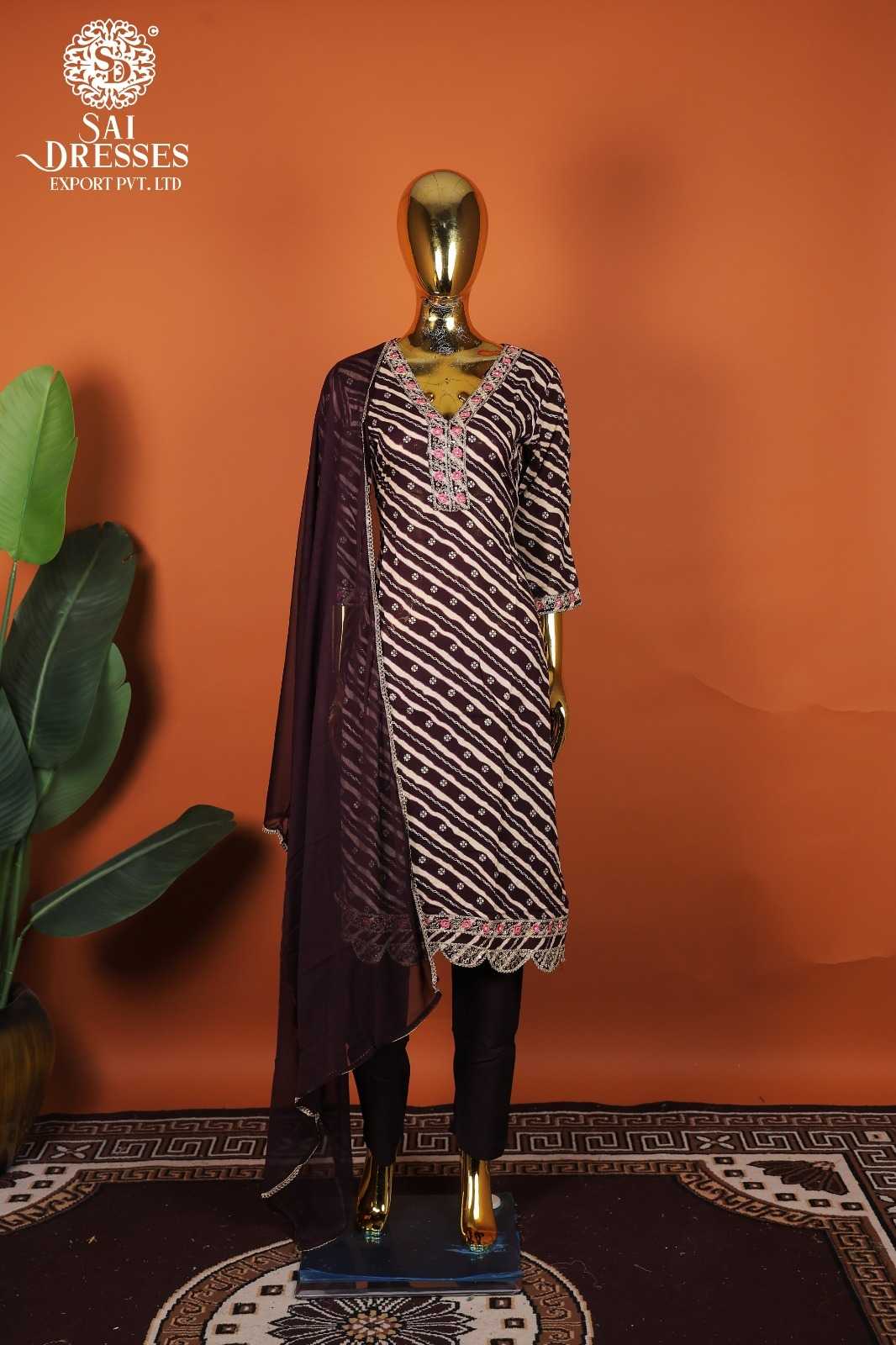 TRENDY REYON STRIPE PRINTED KURTI WITH ELEGANT WORK, MATCHING PANTS & DUPATTA – ROYAL PURPLE COLOUR