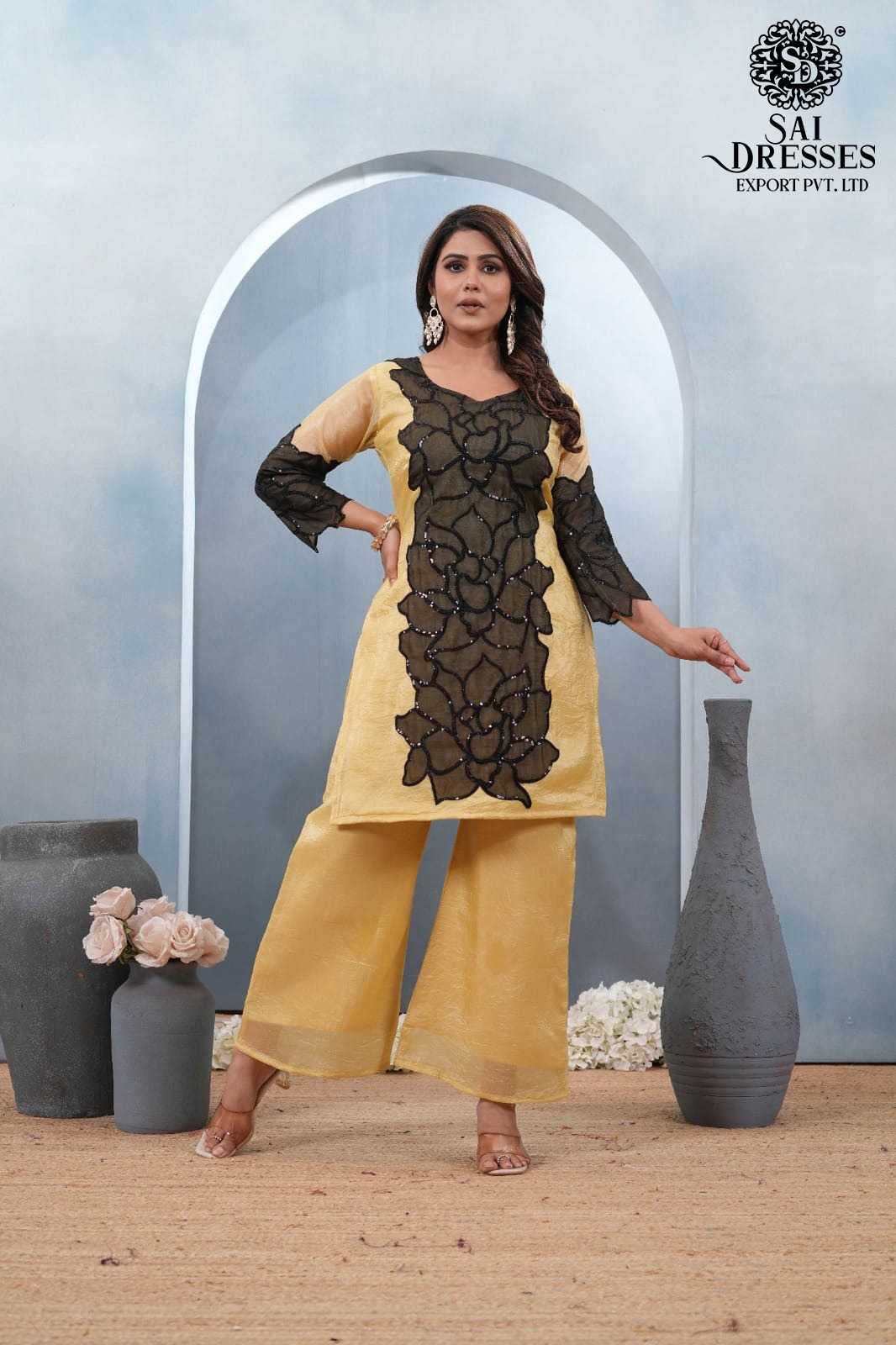 YELLOW GOLD CRUSH KURTA SET WITH HEAVY BLACK EMBROIDERED WORK