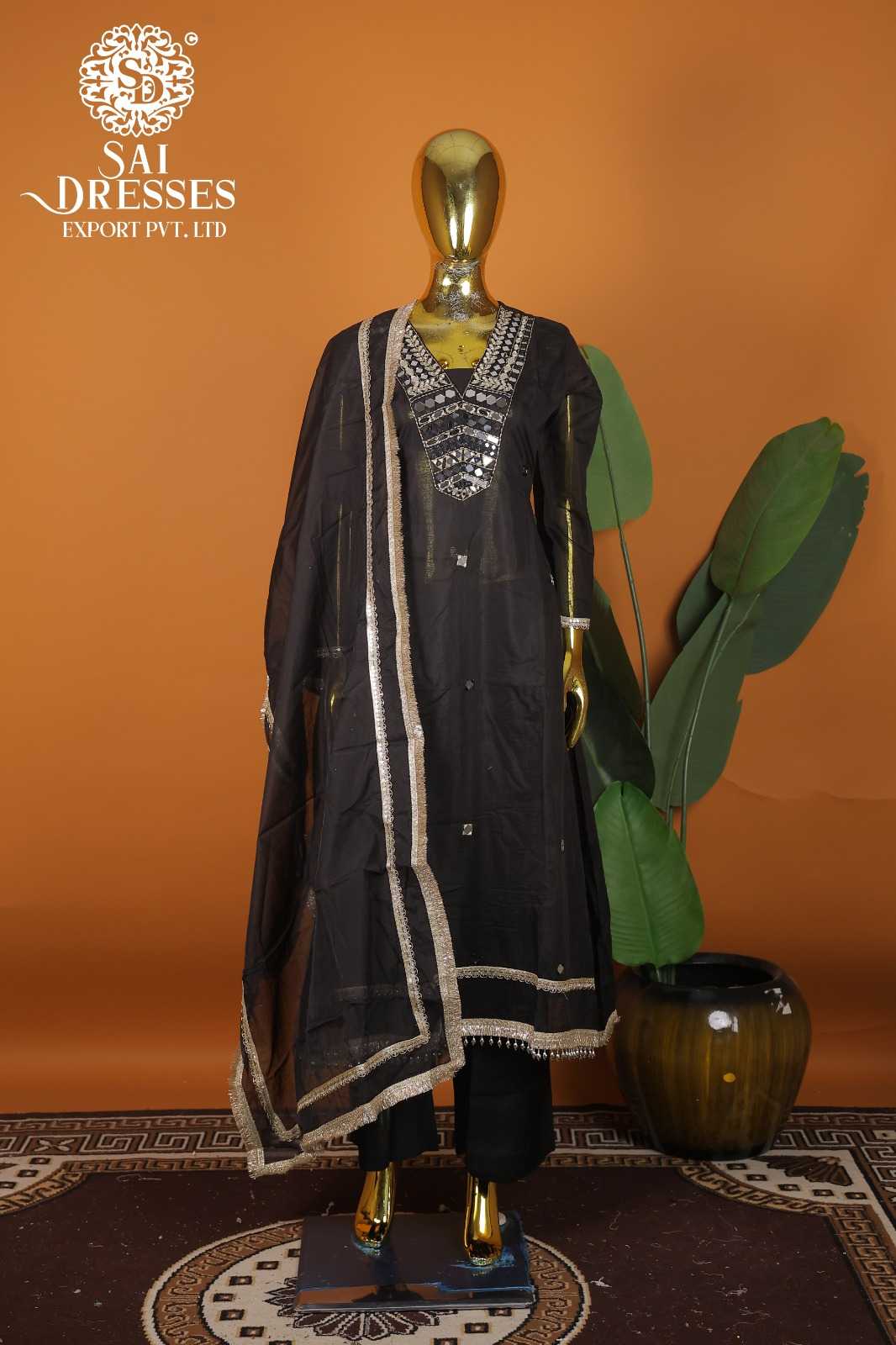 BLACK MAL CHANDERI READYMADE SUIT WITH INTRICATE MIRROR WORK AND LACE BORDER DUPATTA