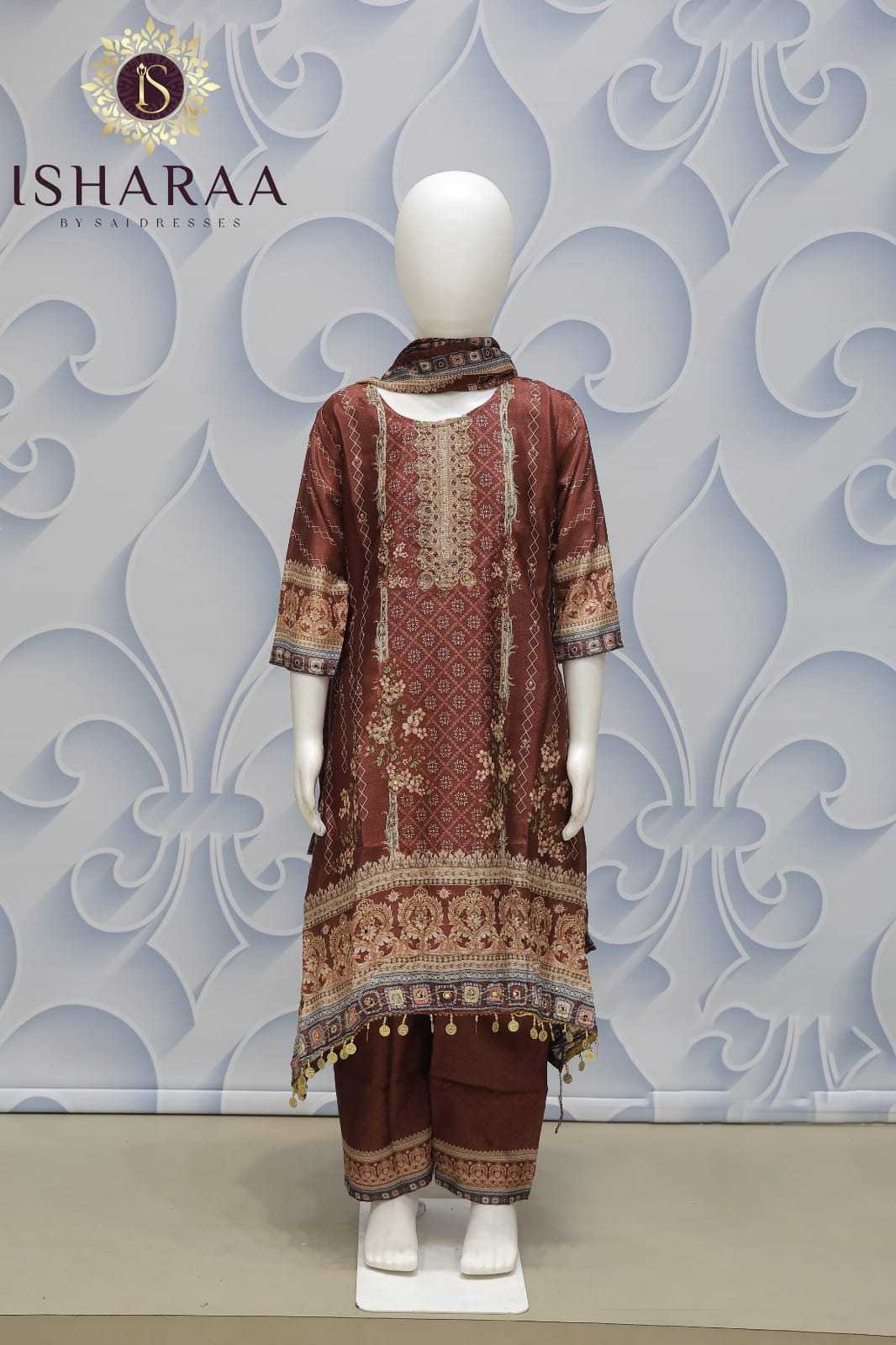 CHINON HEAVY EMBROIDERED WORK KIDS KURTI PANT SET WITH DUPATTA – RUST BROWN COLOUR