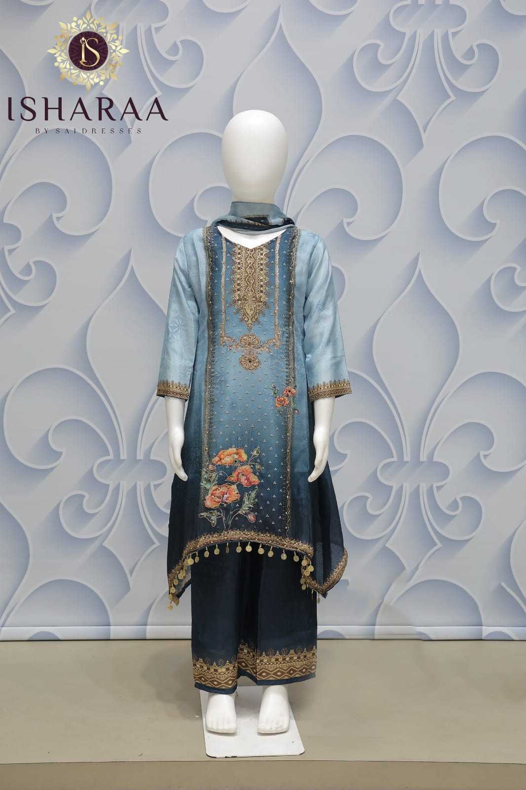 CHINON PREMIUM EMBROIDERED KIDS KURTI PANT SET WITH DUPATTA – STEEL BLUE & NAVY COLOUR