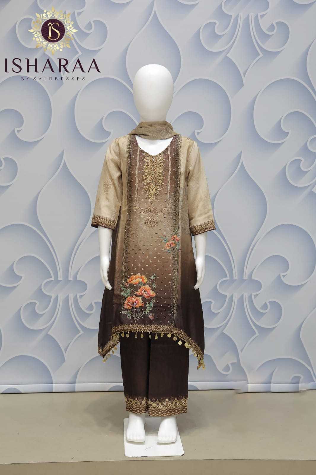 CHINON PREMIUM EMBROIDERED WORK KIDS KURTI PANT SET WITH DUPATTA – COFFEE BROWN COLOUR