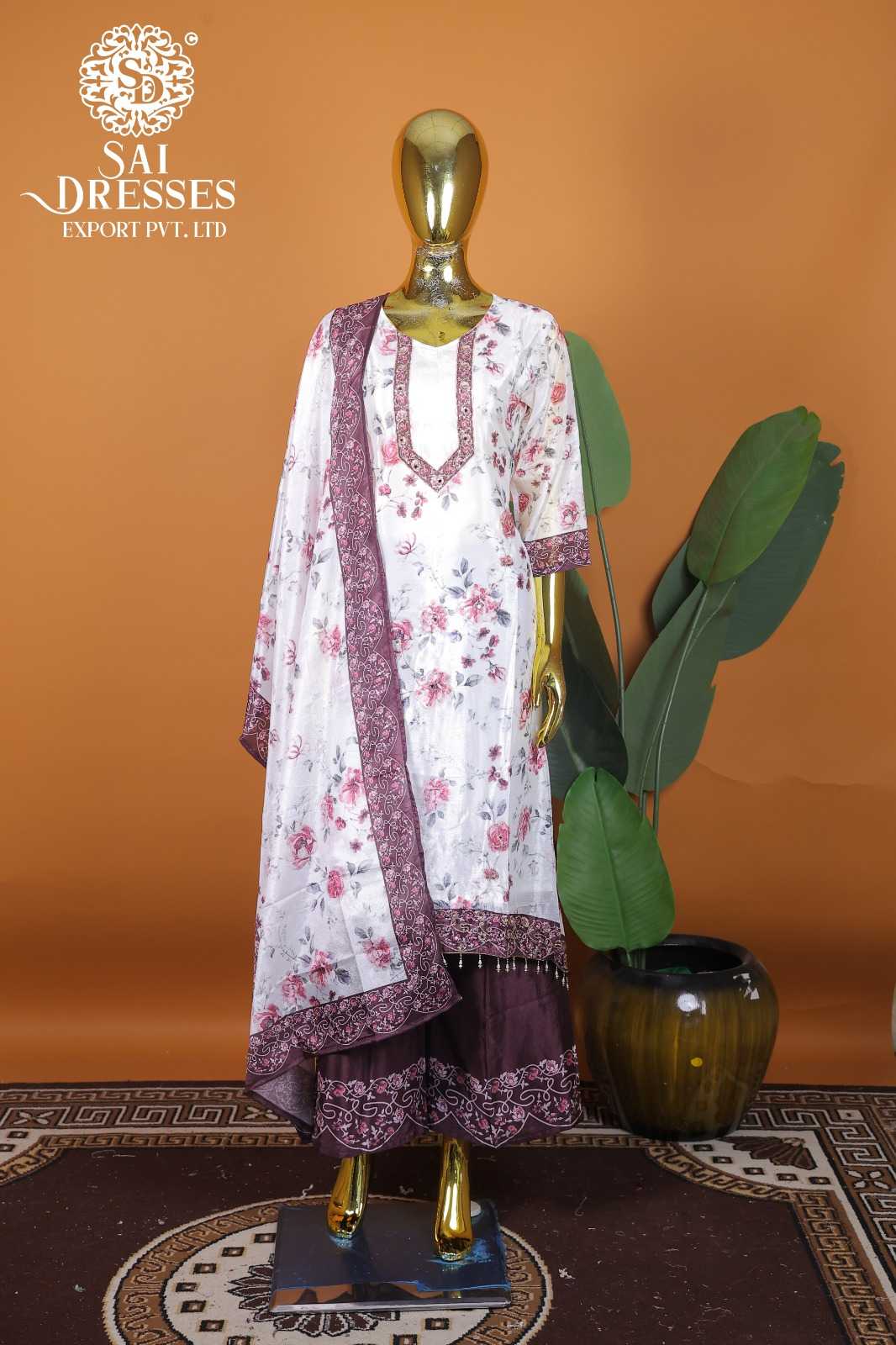 CHINON WITH HAND WORK DESIGNER FLORAL PRINT SUIT SET WITH CONTRAST DUPATTA AND MATCHING PALAZZO – PREMIUM PARTY WEAR COLLECTION