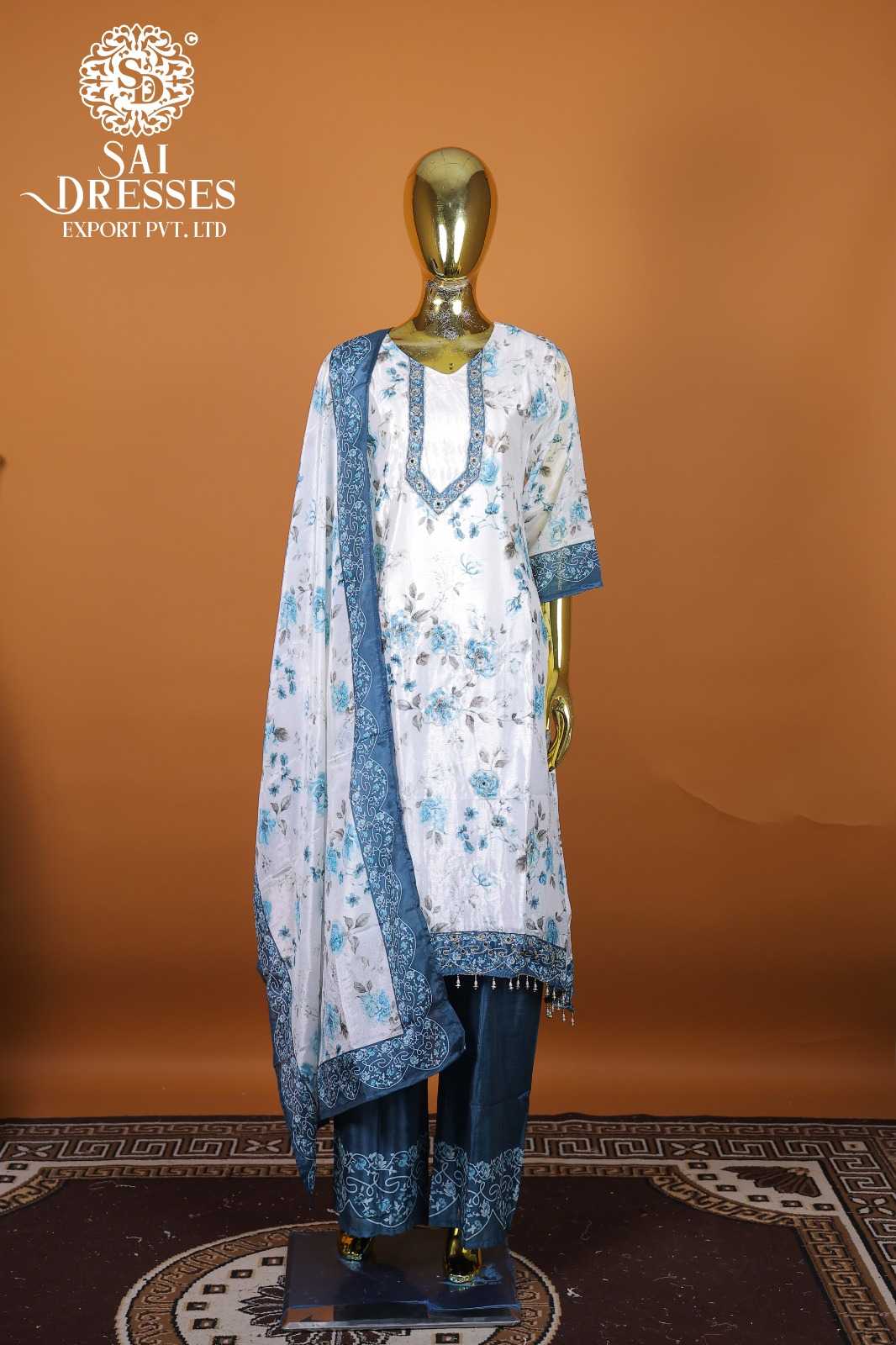 CHINON WITH HAND WORK PREMIUM FLORAL PRINT DESIGNER SUIT SET WITH CONTRAST DUPATTA AND MATCHING PALAZZO – ELEGANT PARTY WEAR COLLECTION