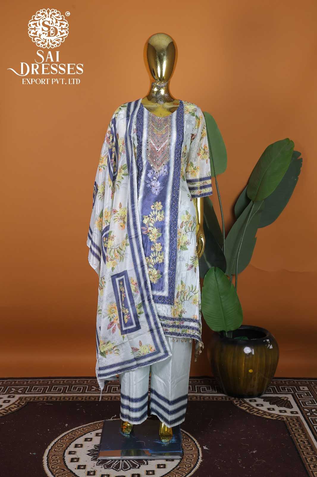 CHINON WITH HAND WORK PREMIUM FLORAL PRINT SUIT SET WITH CONTRAST DUPATTA AND MATCHING PALAZZO – DESIGNER PARTY WEAR COLLECTION