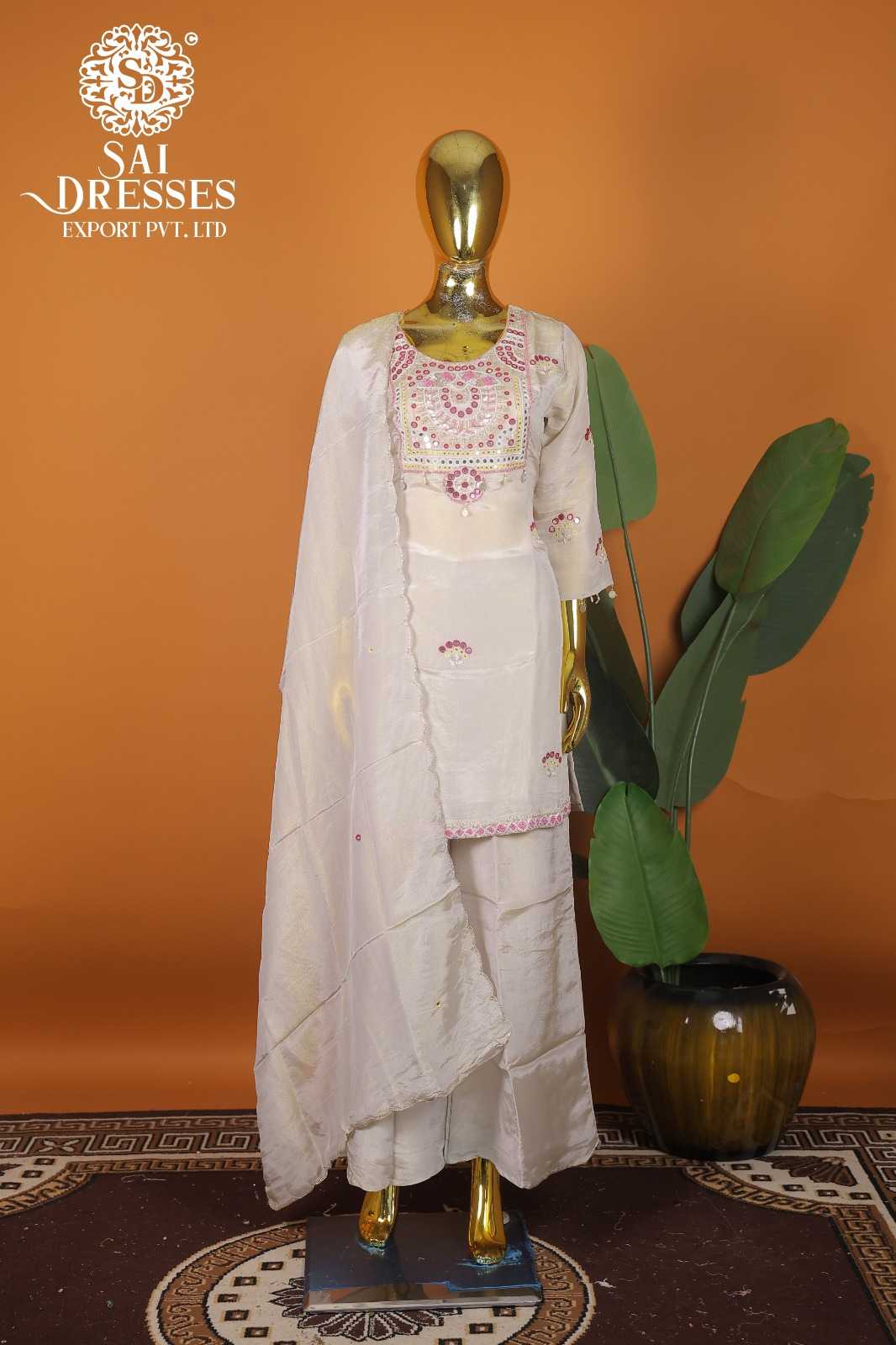 DESIGNER CREAM PURE SHIMMER DRESS SET WITH INTRICATE HEAVY HAND WORK AND DUPATTA