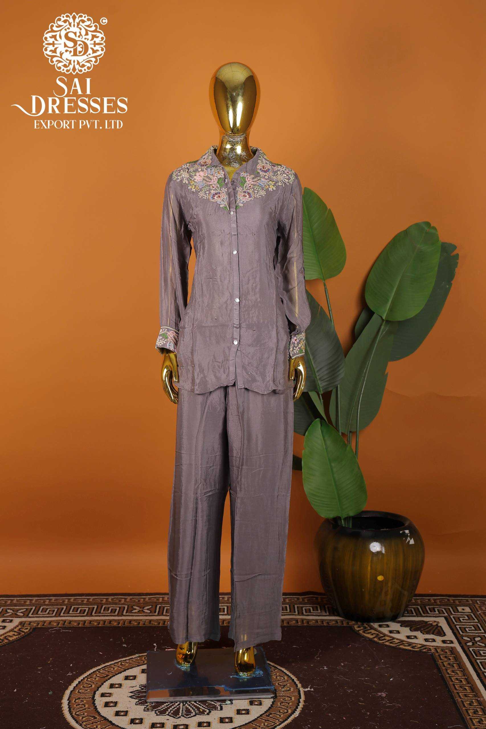 DESIGNER DUSTY MAUVE PURE VISCOSE CHINON CO-ORD SET WITH RICH EMBROIDERY AND HAND WORK