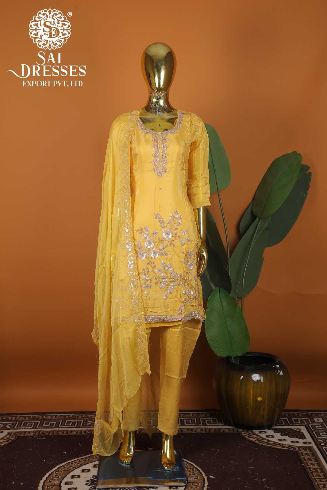DESIGNER MUSTARD YELLOW PURE NATURAL CREPE DRESS SET WITH RICH HEAVY HAND WORK