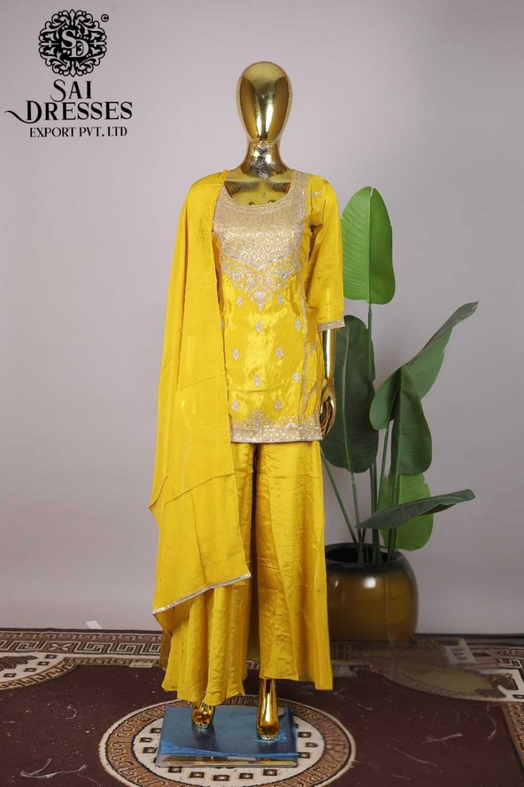 DESIGNER MUSTARD YELLOW VISCOSE CHINON SUIT WITH INTRICATE HAND WORK AND FESTIVE DUPATTA