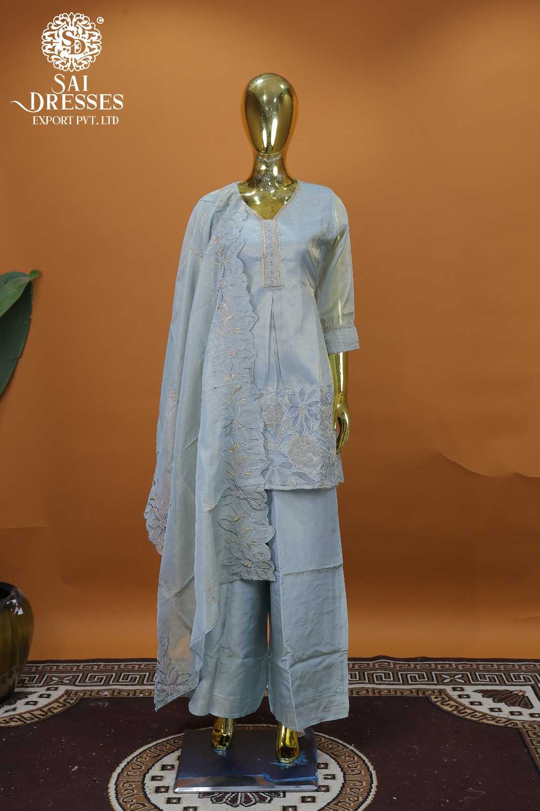 DESIGNER PASTEL BLUE PURE SHIMMER KURTA SET WITH HEAVY EMBROIDERY & CUT WORK