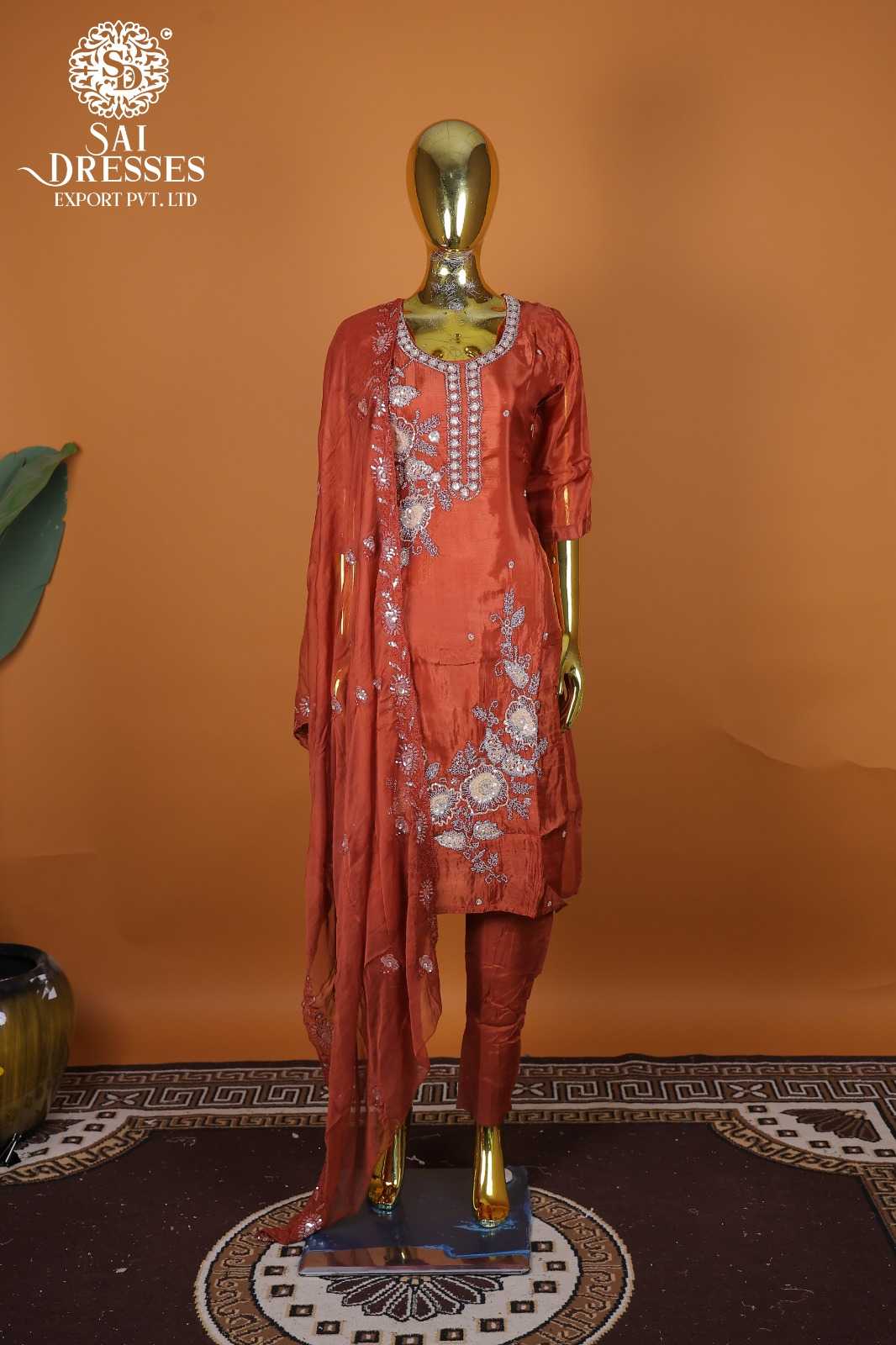 DESIGNER RUST ORANGE PURE CREPE KURTA SET WITH RICH HAND WORK