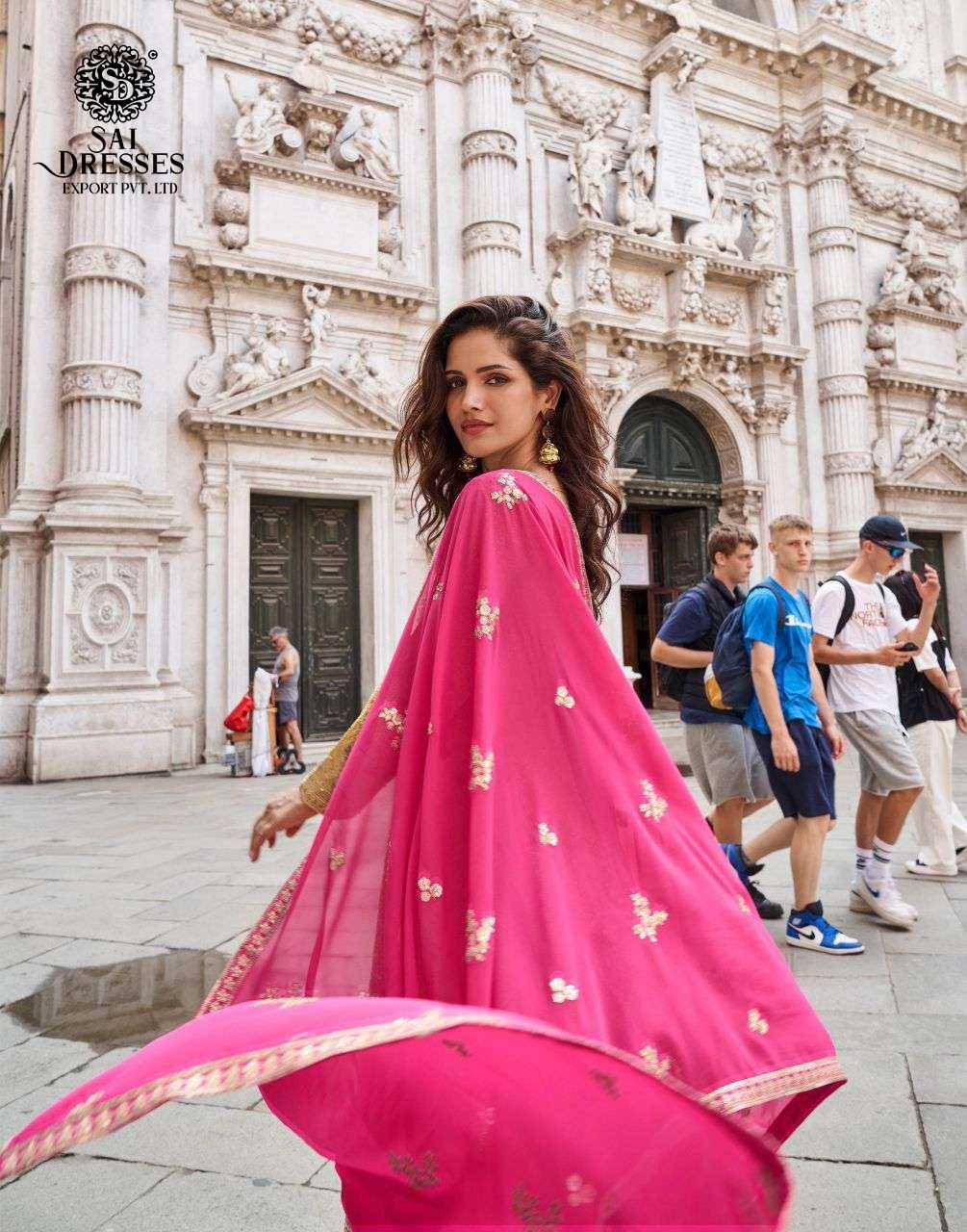 DESIGNER VISCOSE POSITION JACQUARD SILK ANARKALI SUIT WITH RICH WOVEN PATTERN – MUSTARD WITH RANI PINK & TEAL GREEN