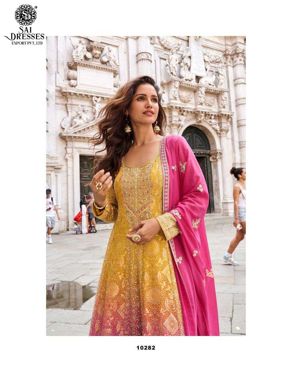 DESIGNER VISCOSE POSITION JACQUARD SILK ANARKALI SUIT WITH RICH WOVEN PATTERN – MUSTARD WITH RANI PINK & TEAL GREEN