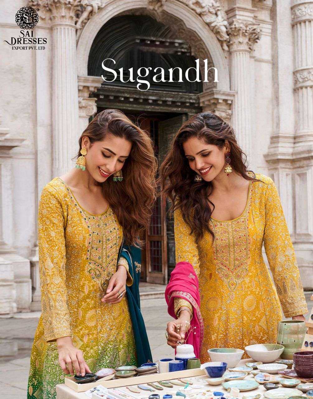 DESIGNER VISCOSE POSITION JACQUARD SILK ANARKALI SUIT WITH RICH WOVEN PATTERN – MUSTARD WITH RANI PINK & TEAL GREEN