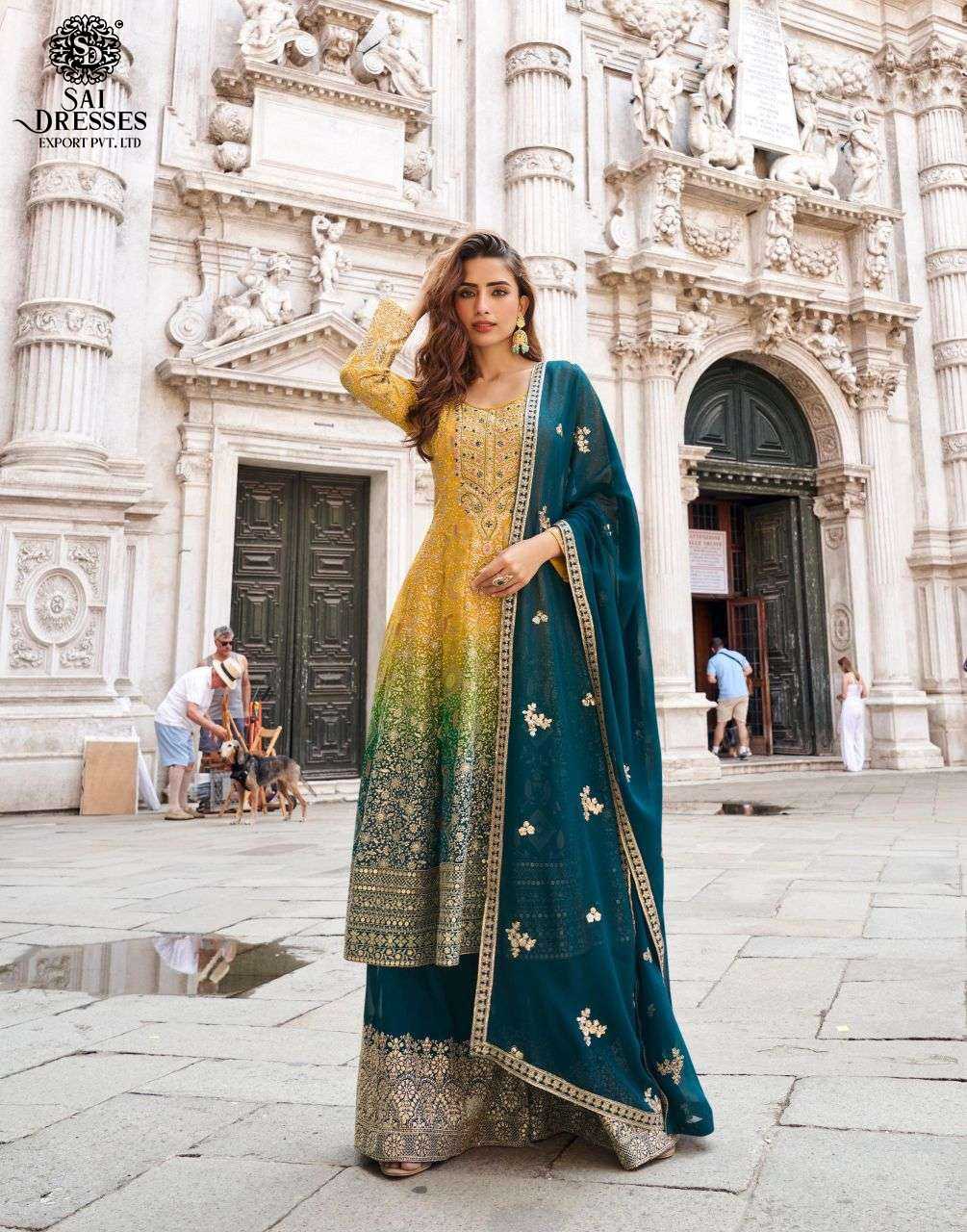 DESIGNER VISCOSE POSITION JACQUARD SILK ANARKALI SUIT WITH RICH WOVEN PATTERN – MUSTARD WITH RANI PINK & TEAL GREEN