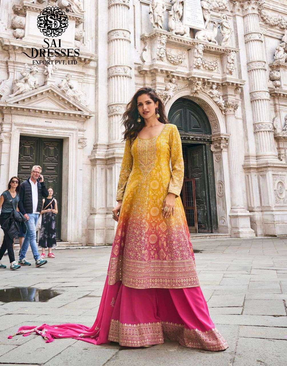 DESIGNER VISCOSE POSITION JACQUARD SILK ANARKALI SUIT WITH RICH WOVEN PATTERN – MUSTARD WITH RANI PINK & TEAL GREEN