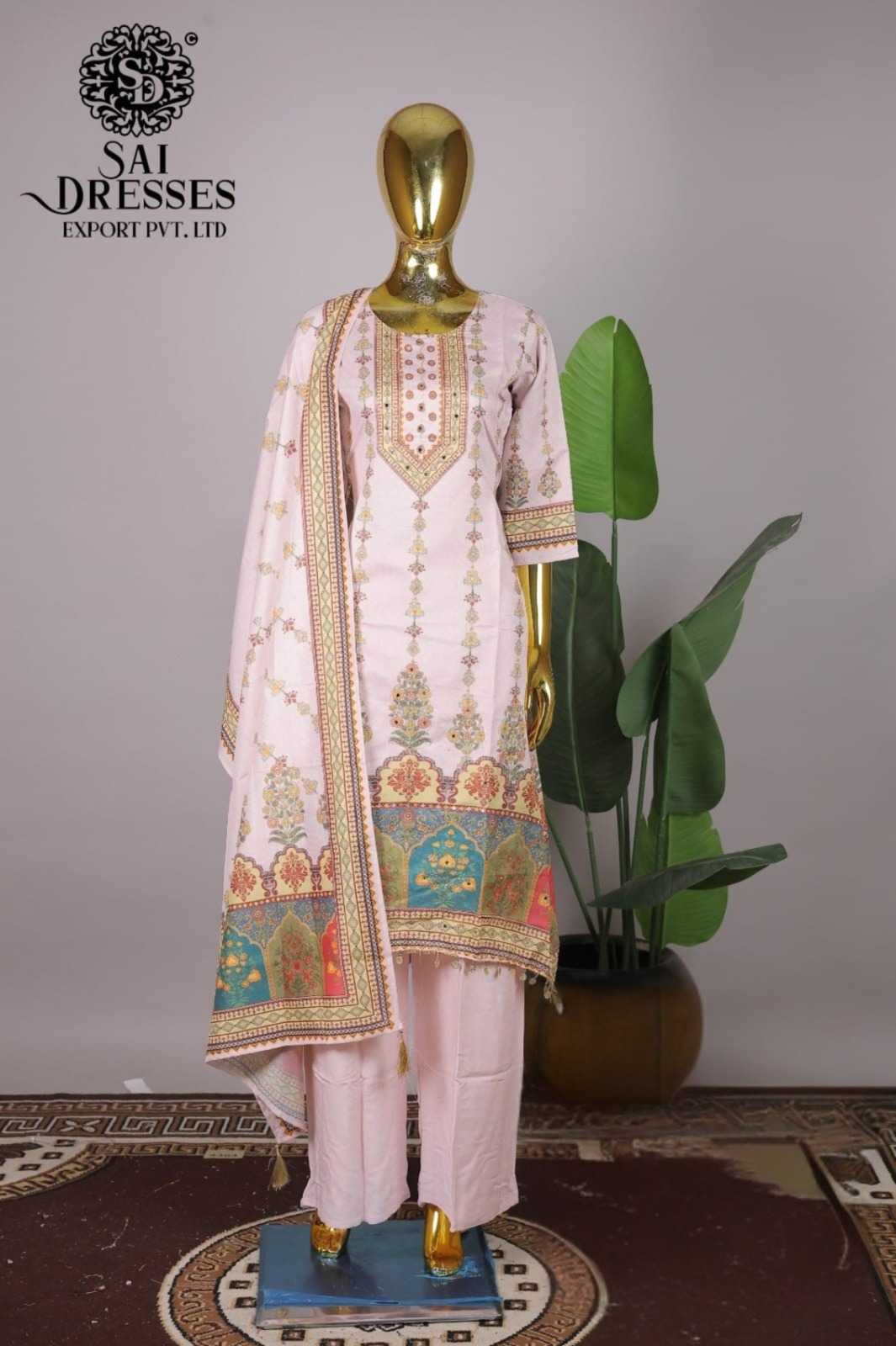 ELEGANT SOFT PINK SHIMMER SUIT WITH DELICATE FLORAL WORK AND CONTRAST BLUE DUPATTA