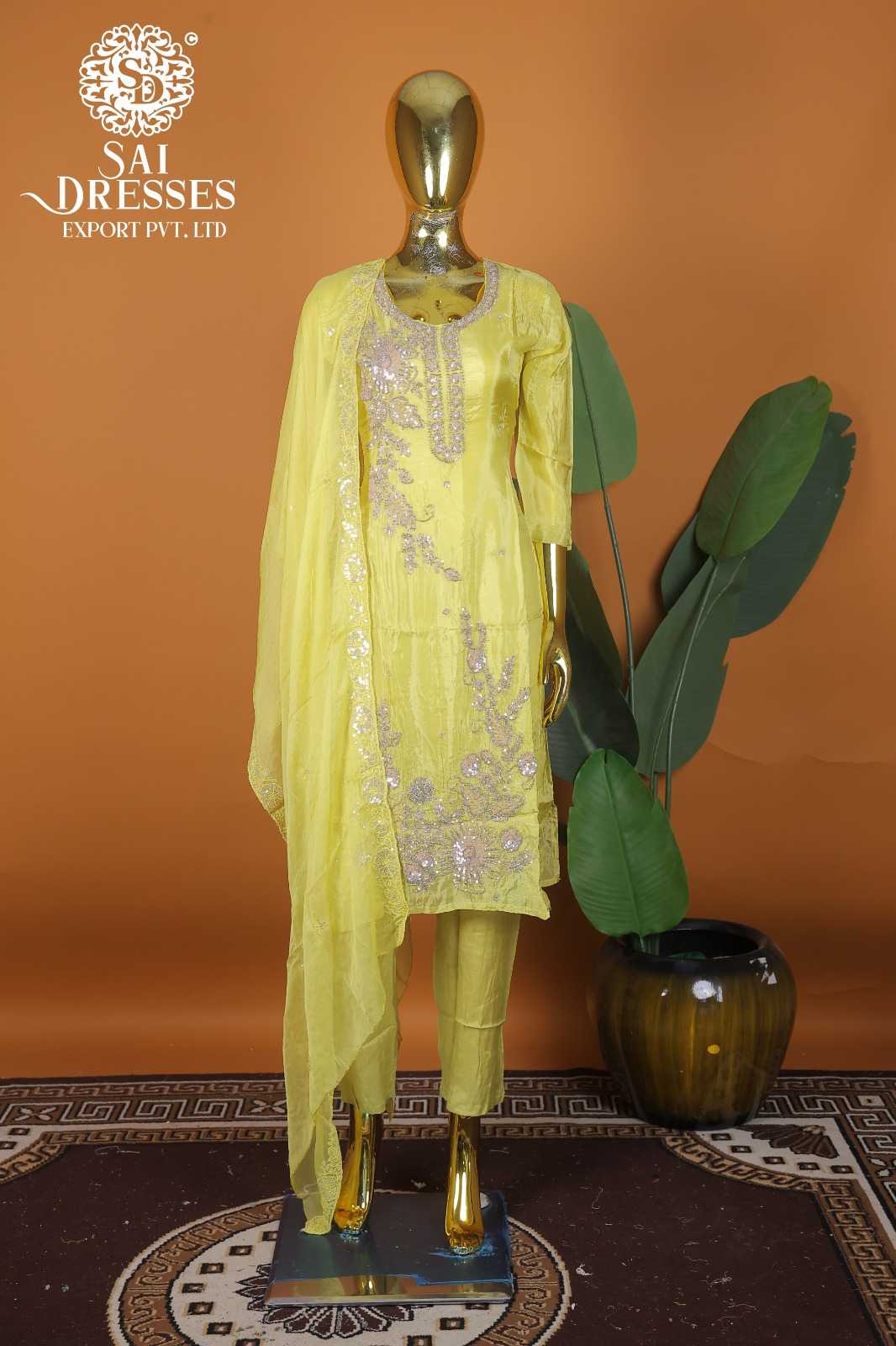 EXPORT QUALITY LEMON YELLOW CREPE SUIT WITH RICH HAND EMBELLISHMENT