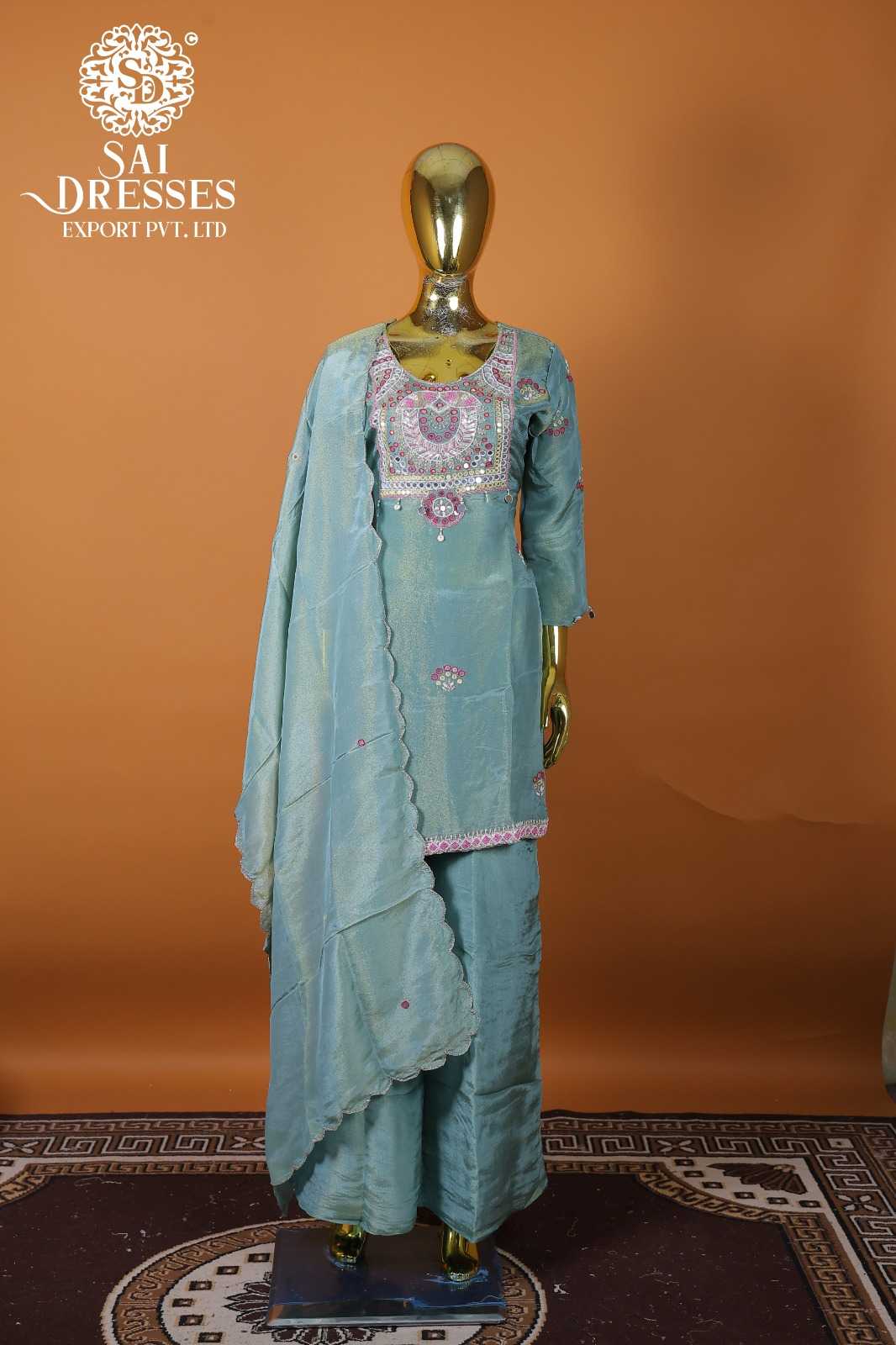 EXPORT QUALITY SEA GREEN PURE SHIMMER SUIT WITH TRADITIONAL HAND EMBELLISHMENT