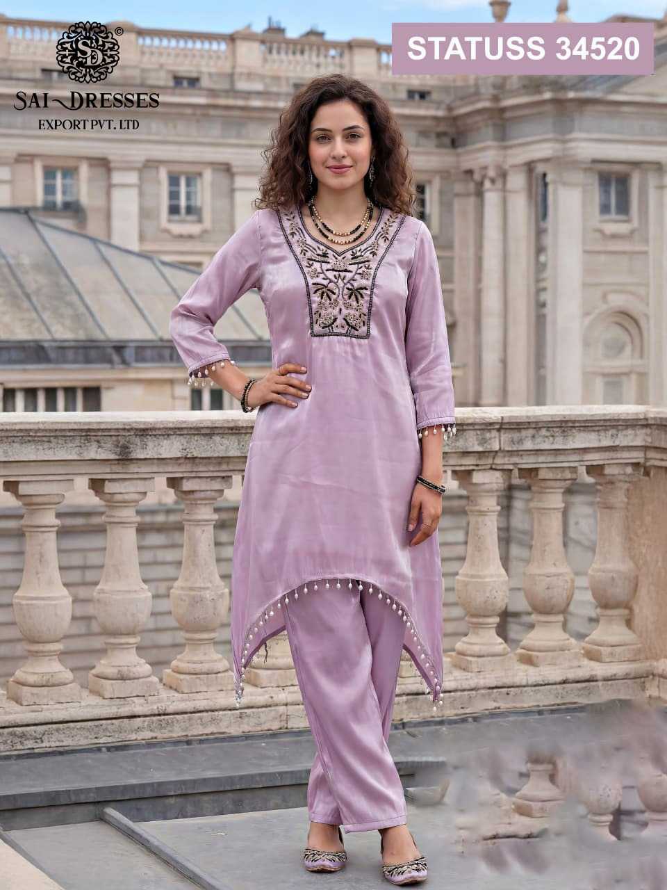 GLASS ROMAN SOFT LILAC KURTI PANT SET WITH RICH HEAVY HANDWORK DETAILING