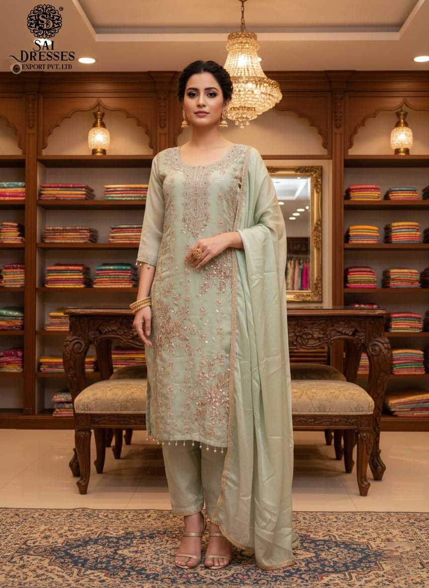 JIMICHU PISTA GREEN COLOUR SUIT WITH HEAVY BEEDS WORK EMBROIDERY AND ELEGANT DUPATTA