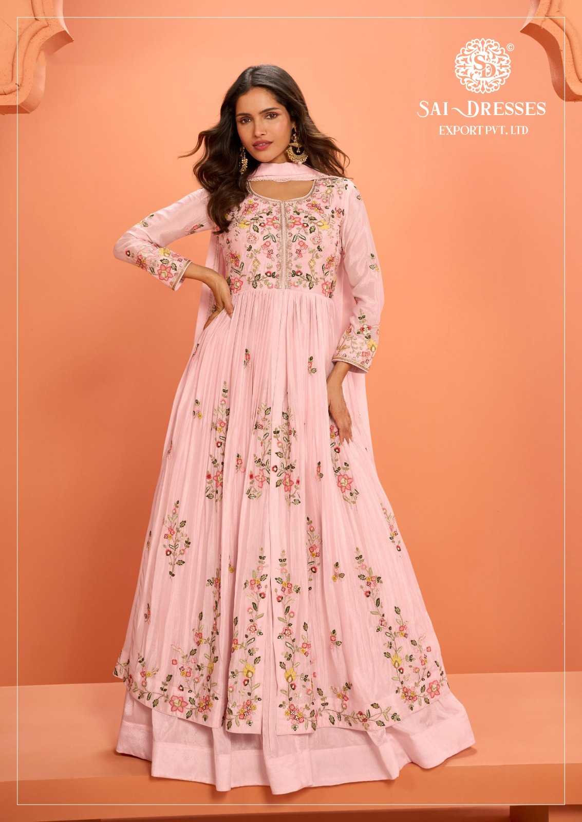 LUXURY PINK CHINON DESIGNER ANARKALI FEATURING ELEGANT FLORAL THREAD EMBROIDERY