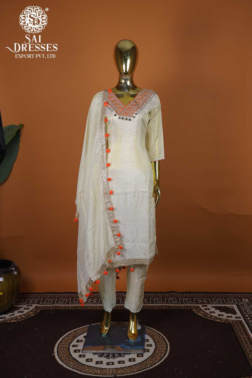 PREMIUM CREAM PURE SHIMMER DRESS SET WITH HEAVY NECK WORK AND DUPATTA