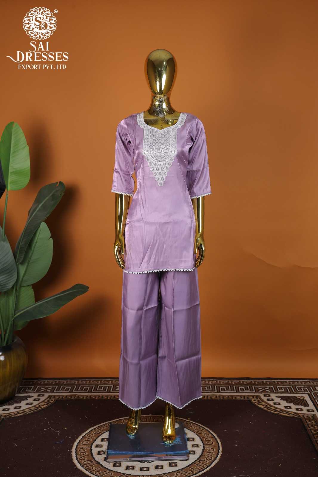 PREMIUM GLASS ROMAN LAVENDER KURTA SET WITH HEAVY WHITE EMBROIDERED NECK WORK AND ELEGANT PALAZZO – FESTIVE & PARTY WEAR
