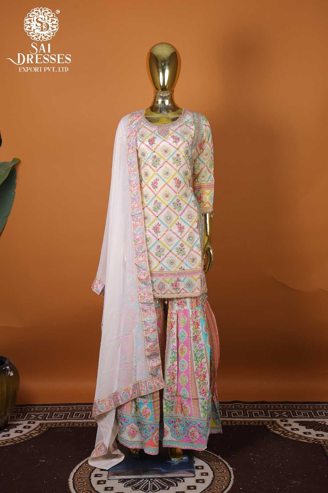 PREMIUM OFF WHITE PURE NATURAL CREPE READYMADE SUIT WITH HEAVY HAND WORK, MULTICOLOUR FLORAL DESIGN & ELEGANT DUPATTA – FESTIVE & OCCASION WEAR COLLECTION