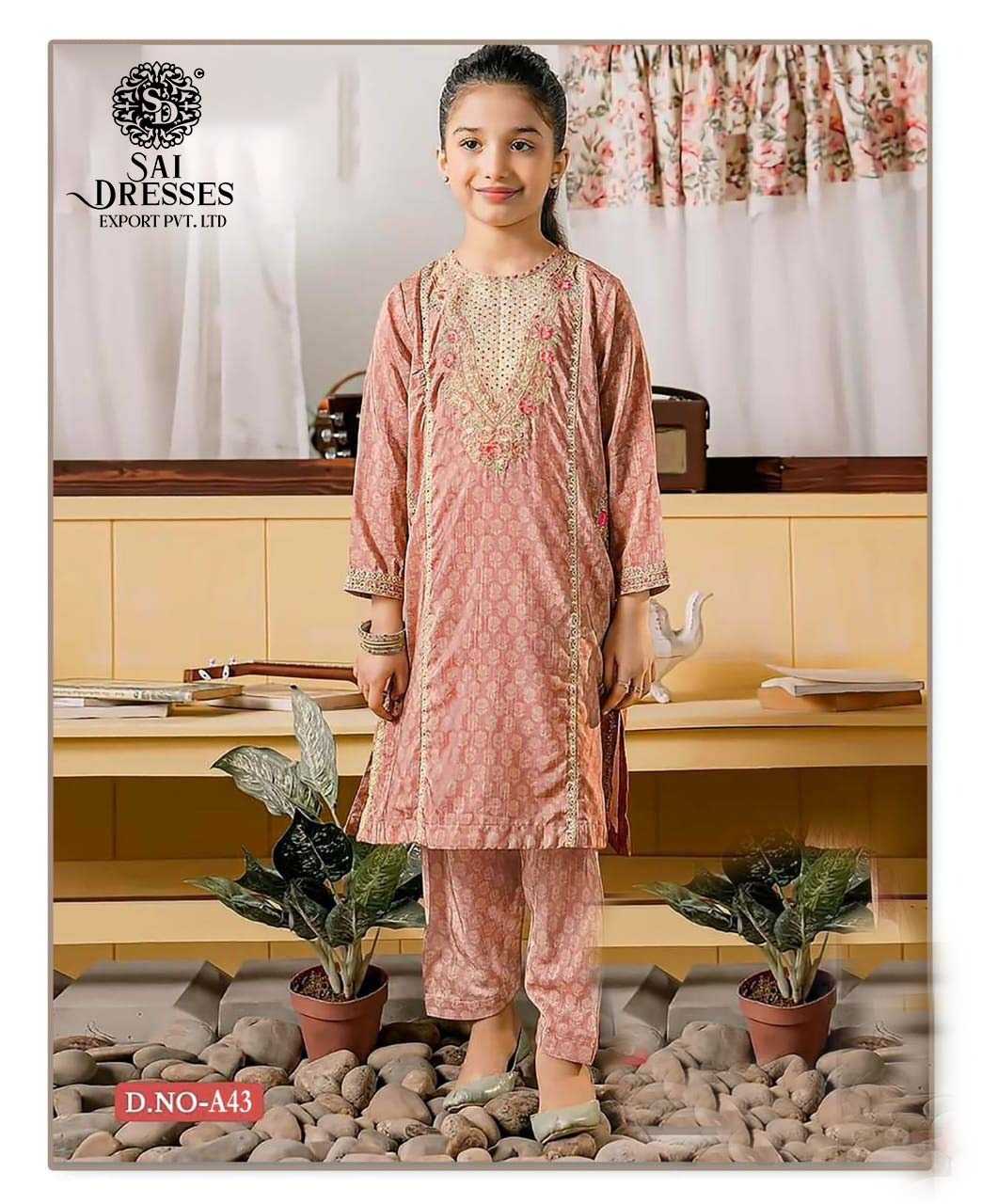 PREMIUM PRINTED & EMBROIDERED KIDS KURTI SET WITH PANTS – PEACH PINK COLOUR