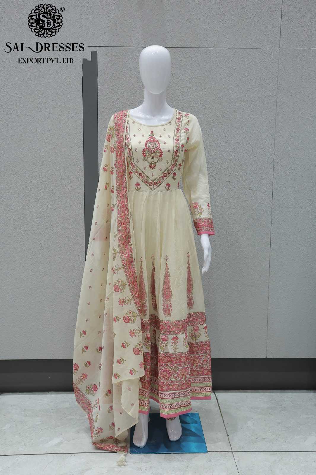 PREMIUM PURE COTTON HANDWORK AND DIGITAL PRINT ANARKALI DRESS SET WITH DUPATTA – CREAM