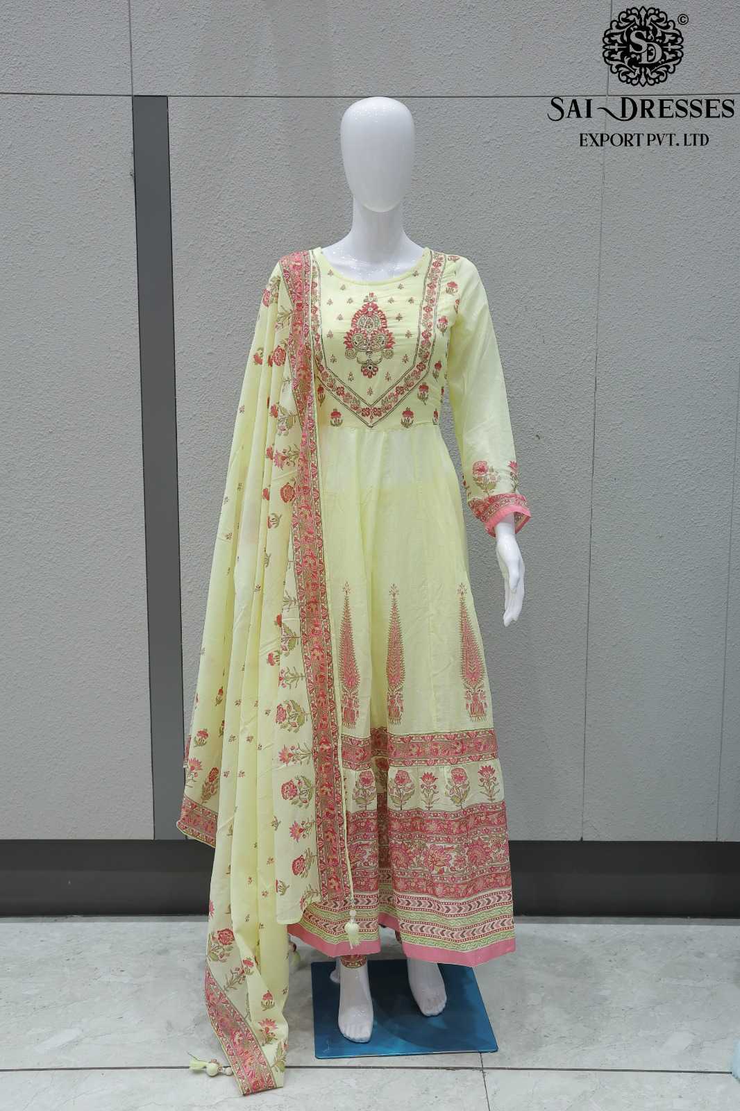 PREMIUM PURE COTTON HANDWORK AND DIGITAL PRINT ANARKALI DRESS SET WITH DUPATTA – LEMON YELLOW