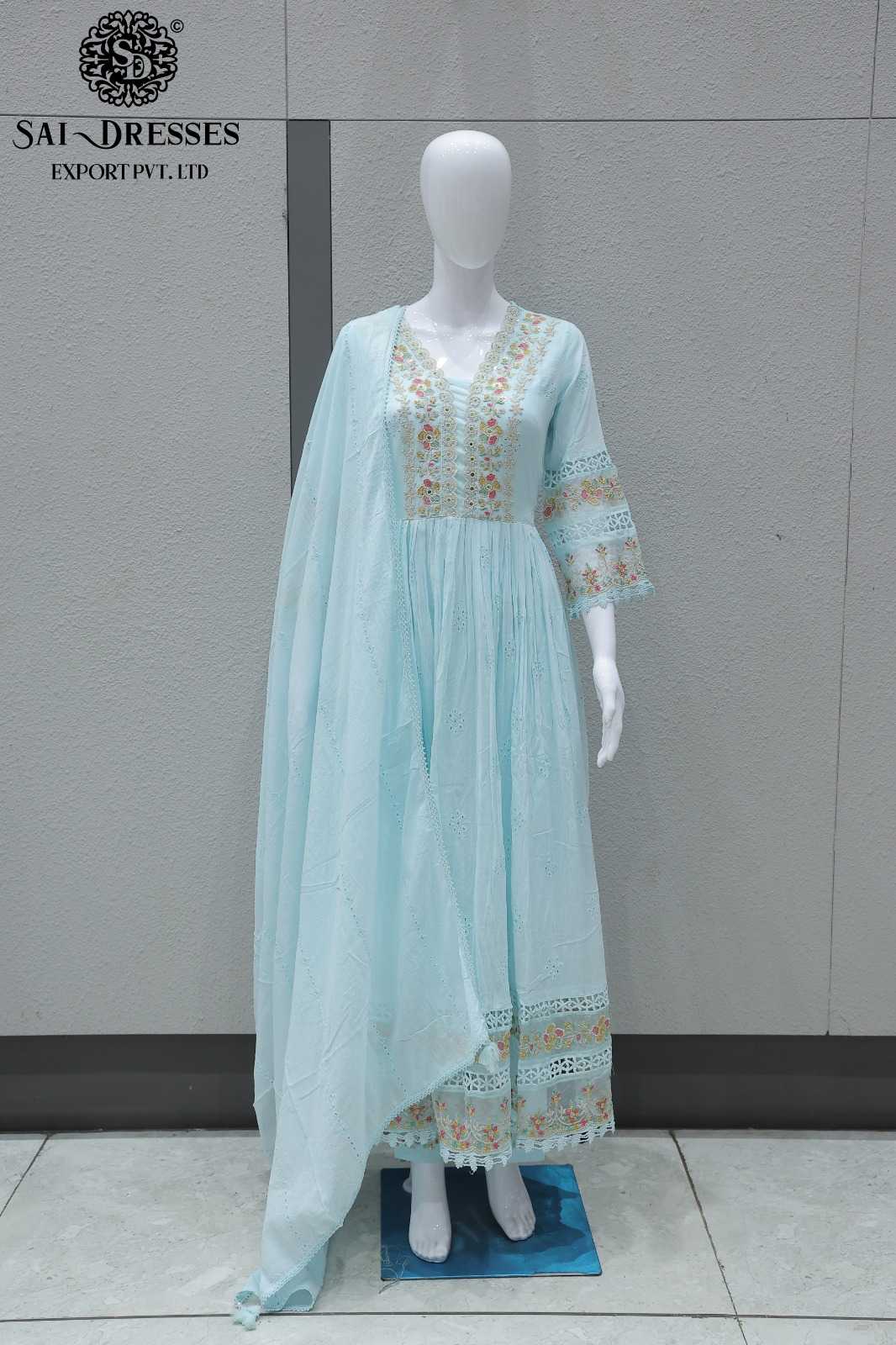 PREMIUM PURE MAL COTTON HEAVY EMBROIDERED ANARKALI DRESS SET WITH DUPATTA – LIGHT BLUE