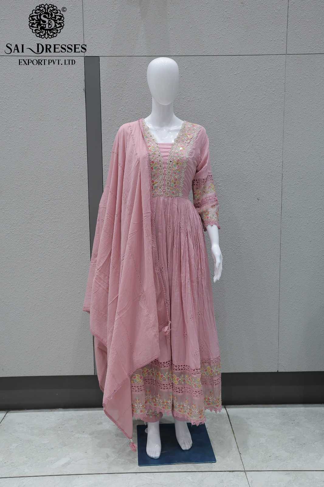 PREMIUM PURE MAL COTTON HEAVY EMBROIDERED ANARKALI DRESS SET WITH DUPATTA – PINK