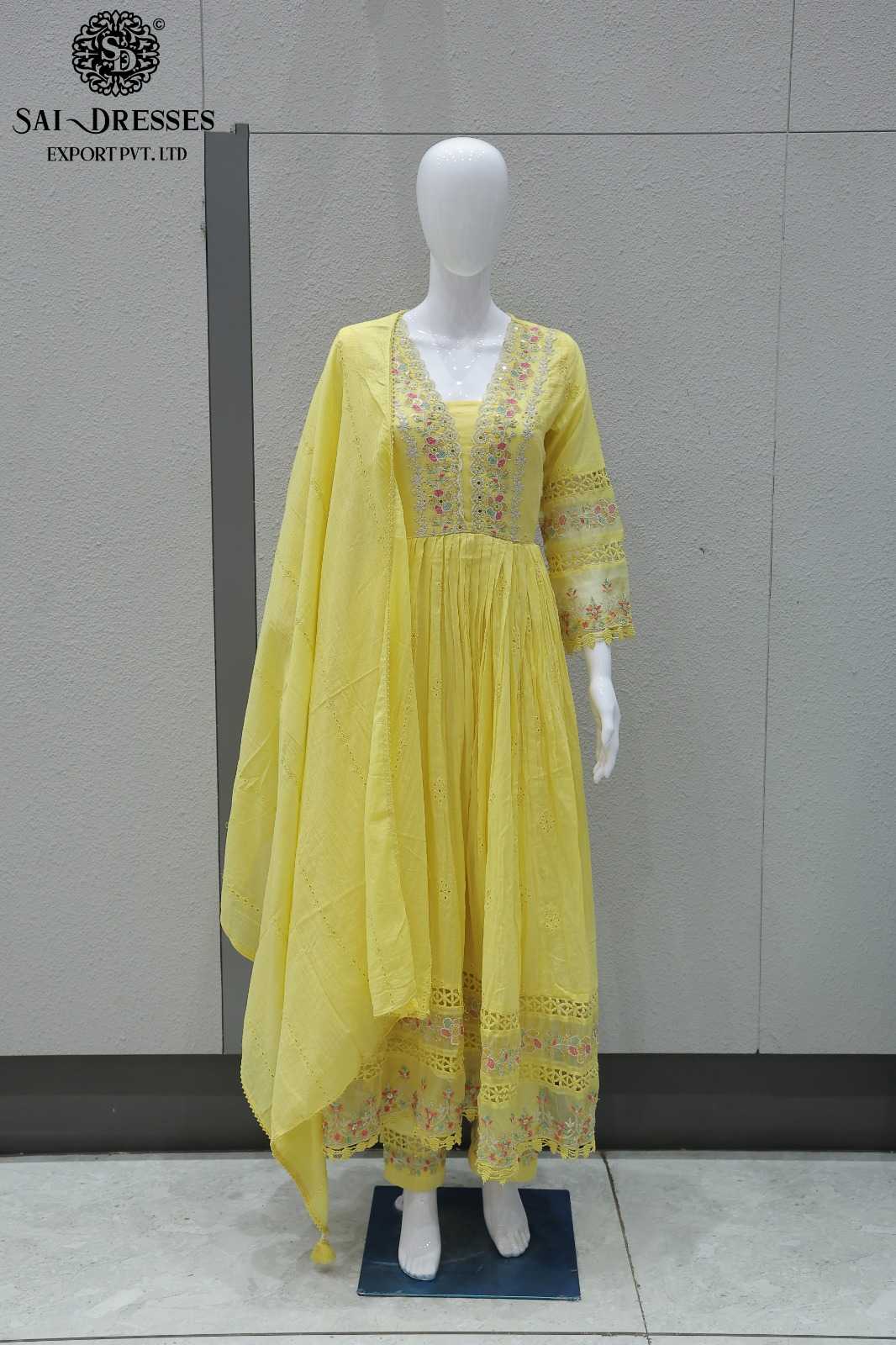 PREMIUM PURE MAL COTTON HEAVY EMBROIDERED ANARKALI DRESS SET WITH DUPATTA – YELLOW