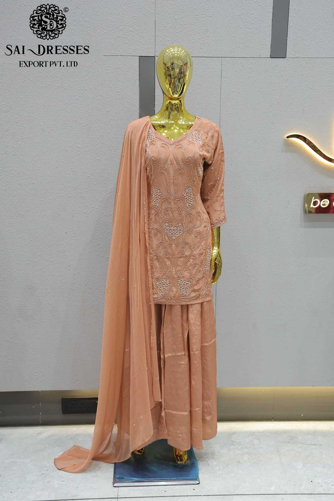 PREMIUM PURE NATURAL CREPE HEAVY HANDWORK DESIGNER DRESS SET WITH DUPATTA – PEACH