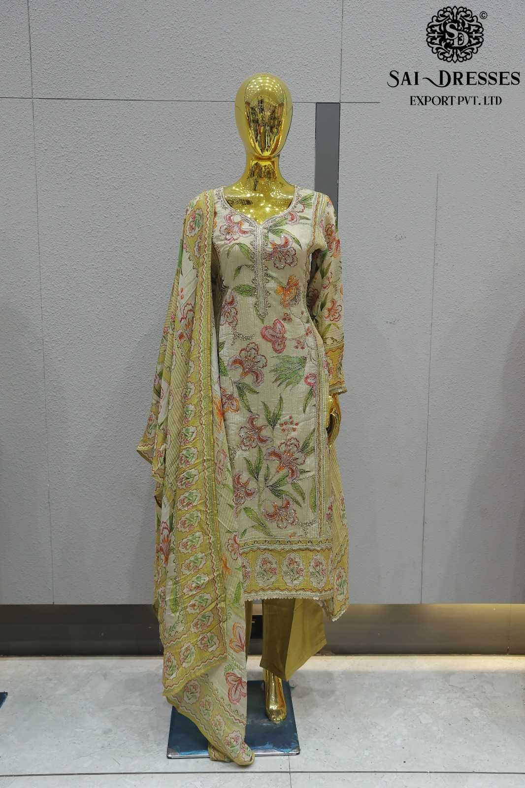 PREMIUM PURE SHIMMER CRUSH HEAVY HANDWORK FLORAL DRESS SET WITH DUPATTA – PISTA GREEN