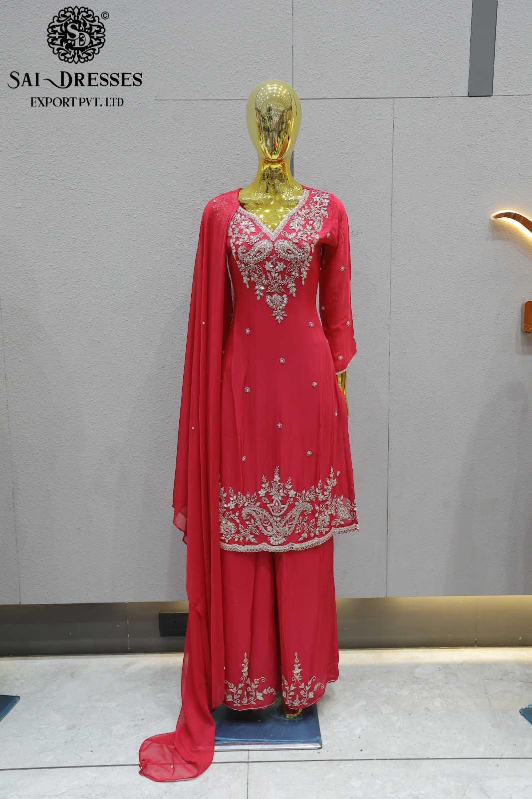 PREMIUM PURE VISCOSE CHINON HEAVY HANDWORK DESIGNER DRESS SET WITH DUPATTA – RANI RED