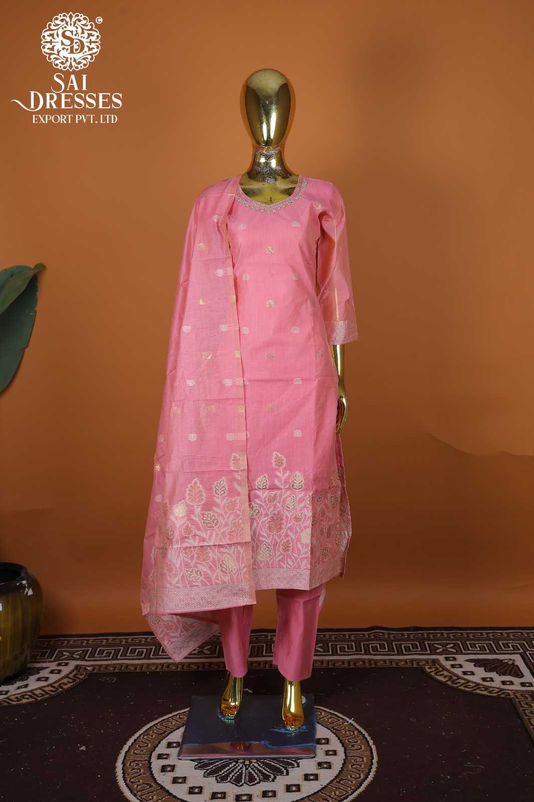 PREMIUM ROSE PINK GLASS ROMAN DRESS WITH ELEGANT HAND WORK AND DUPATTA
