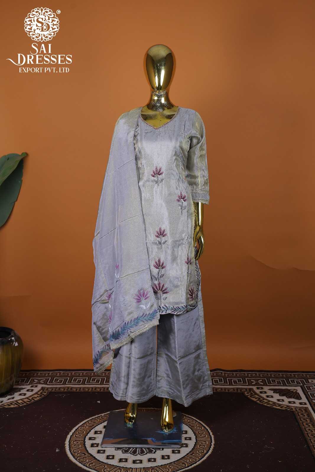 PREMIUM SILVER GREY PURE VISCOSE SHIMMER DRESS WITH HEAVY HANDWORK AND DUPATTA