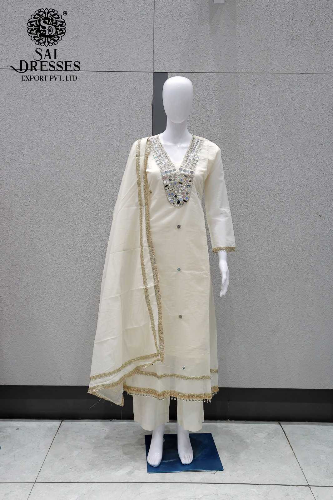 PURE MAL CHANDERI OFF WHITE COLOUR SUIT WITH DESIGNER MIRROR WORK AND BORDER DUPATTA