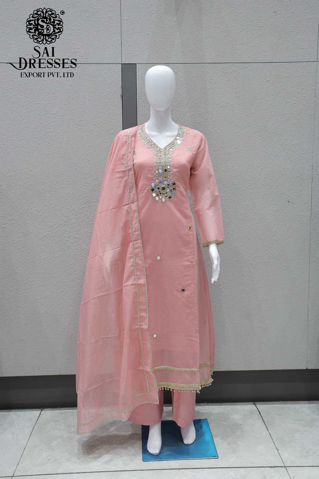 PURE MAL CHANDERI PEACH COLOUR SUIT WITH HEAVY MIRROR WORK EMBROIDERY AND DUPATTA