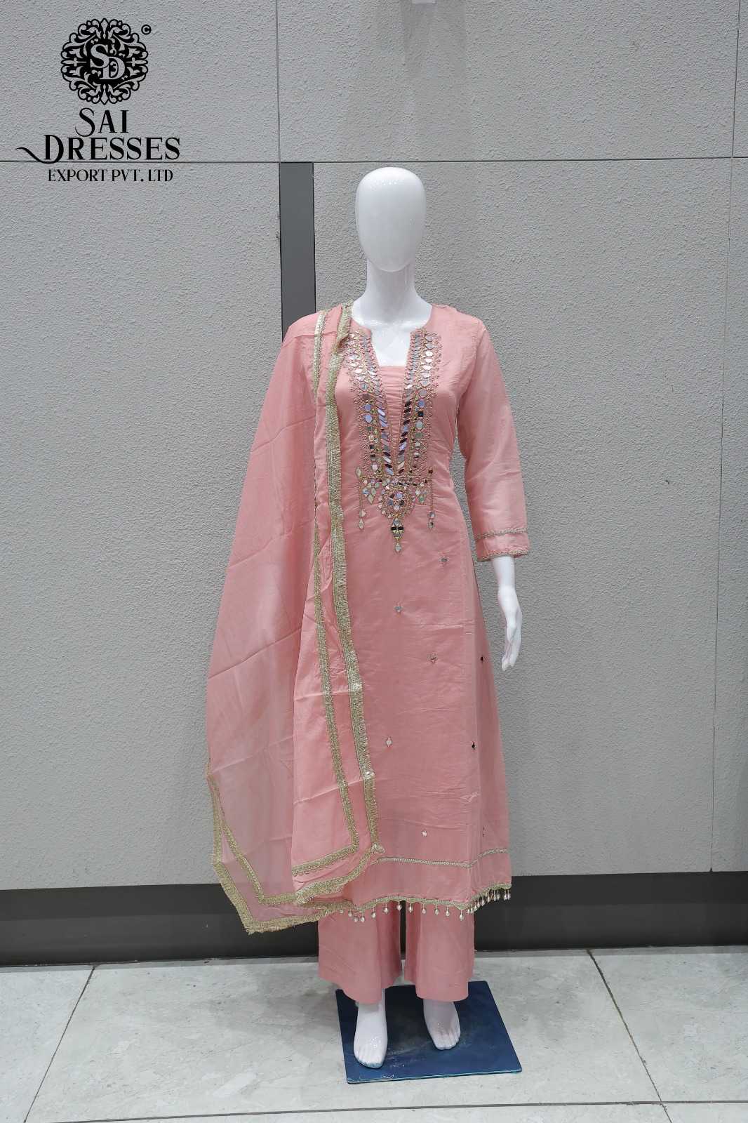 PURE MAL CHANDERI PEACH PINK COLOUR SUIT WITH PREMIUM MIRROR WORK EMBELLISHMENT AND DUPATTA