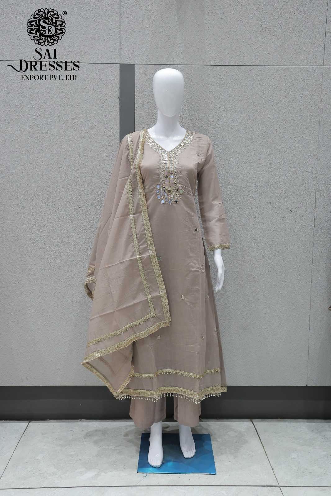 PURE MAL CHANDERI TAUPE COLOUR SUIT WITH ELEGANT MIRROR WORK NECK DESIGN AND DUPATTA