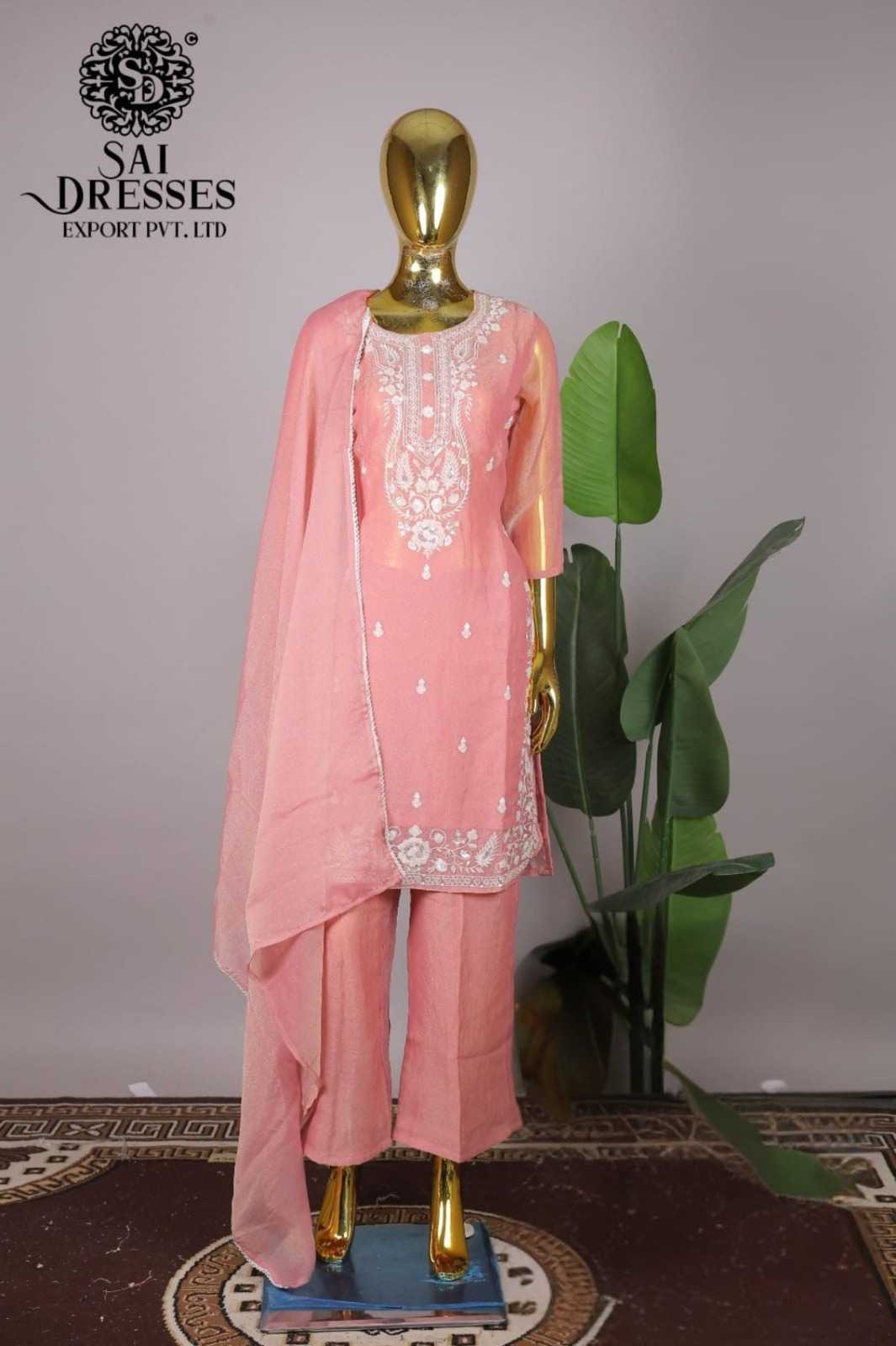PURE VISCOSE SHIMMER PEACH SUIT SET WITH DETAILED EMBROIDERY AND BITS WORK FOR FESTIVE WEAR